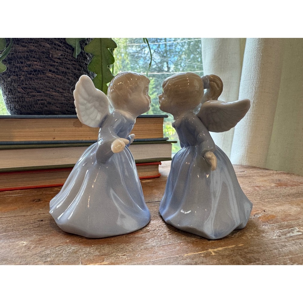 Vintage Kissing Angels Porcelain Bell Figurines Blue Glazed Cherubs Set of 2